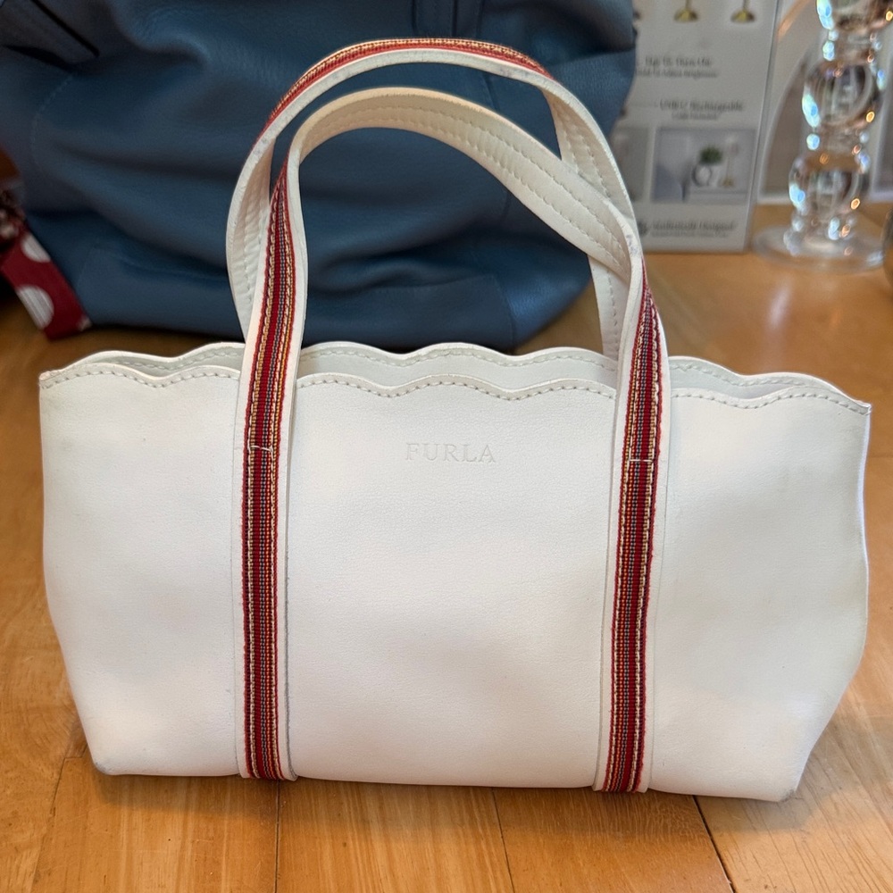 Furla White Leather Scalloped Mini Cute Tote with Red-Trim Handles. Italian